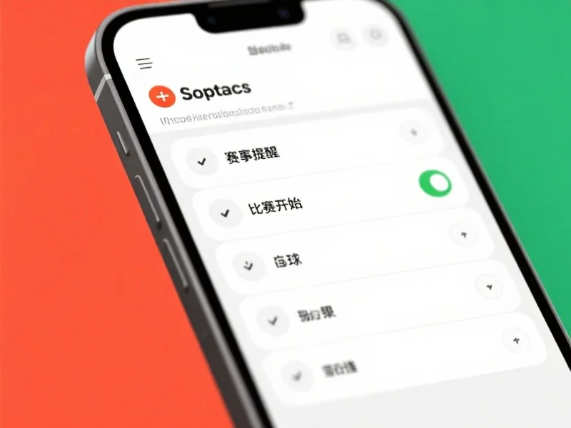 智能手机屏幕上显示一个体育应用程序的通知设置界面，有多个开关选项用于赛事提醒，如比赛开始、进球、赛果等，界面简洁直观